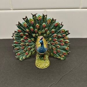 Peacock trinket box Figurine - Green and Gold peacock decor ring holder